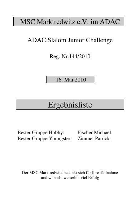 Ergebnisse ADAC Junior Slalom Challenge - MSC Marktredwitz