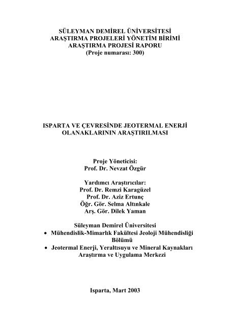 Proje numarasÄ±: 300 - Jeotermal Enerji,YeraltÄ±suyu ve Mineral ...