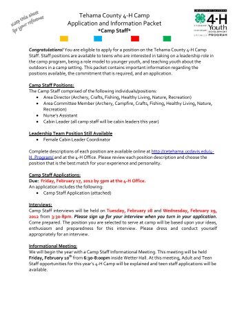 Tehama County 4-H Camp Application and Information Packet