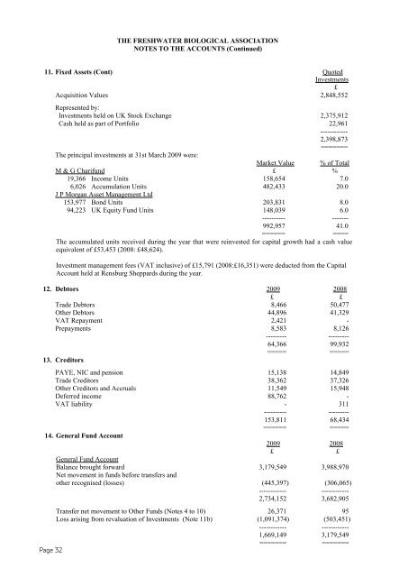 Annual Report and Accounts 2009 - Freshwater Biological Association