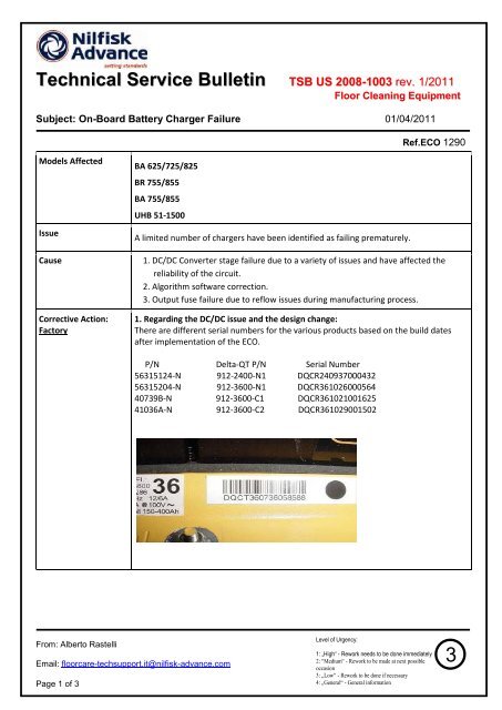 Technical Service Bulletin TSB US 2008-1003 - Nilfisk-Advance