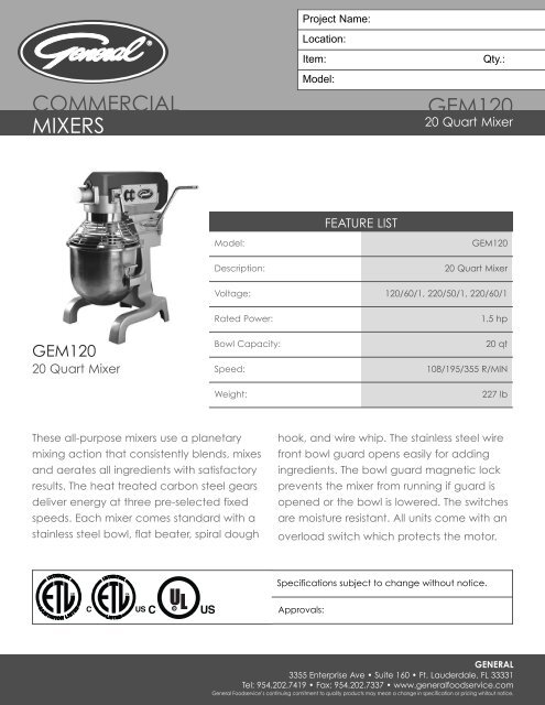 General Gem 20 Quart PLANETARY Mixer