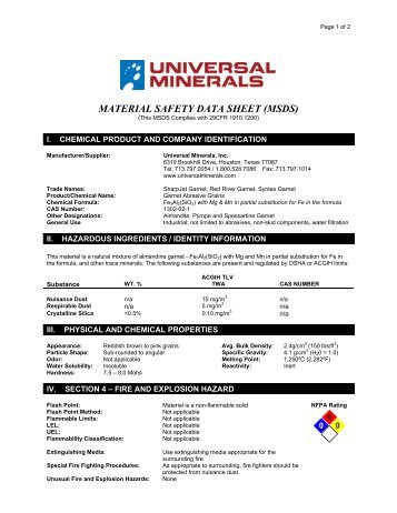 MATERIAL SAFETY DATA SHEET (MSDS) - Universal Minerals, Inc.