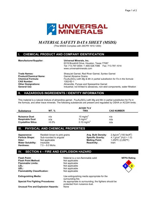 MATERIAL SAFETY DATA SHEET (MSDS) - Universal Minerals, Inc.