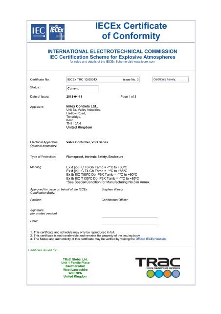 IECEx Certificate of Conformity - Imtex Controls