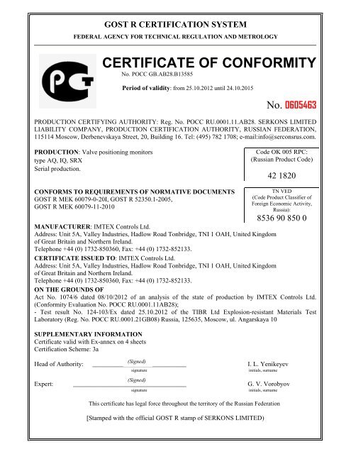 ex-annex to certificate of conformity - Imtex Controls