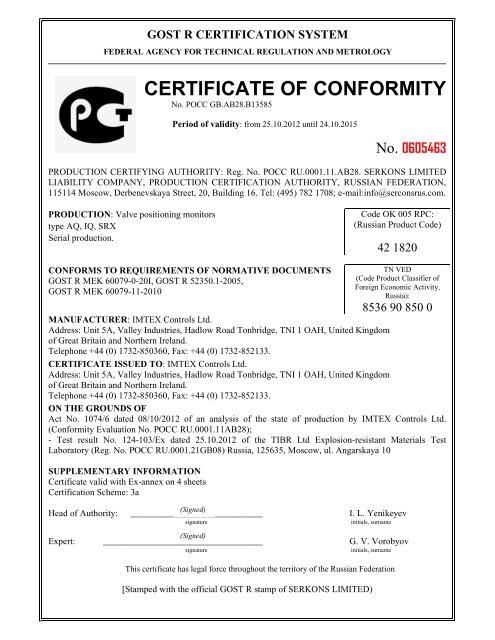 Ex-Annex To Certificate Of Conformity - Imtex Controls
