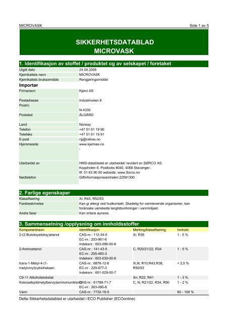 SIKKERHETSDATABLAD MICROVASK
