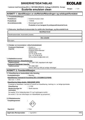 SIKKERHETSDATABLAD Ecobrite emulsion clean