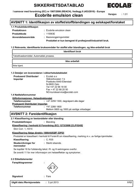 SIKKERHETSDATABLAD Ecobrite emulsion clean