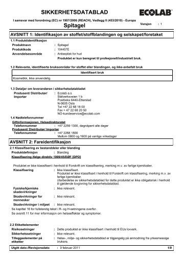 SIKKERHETSDATABLAD Spitagel - Ecolab