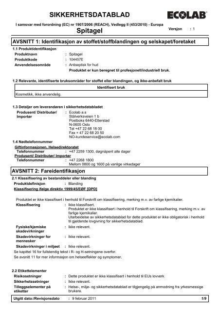 SIKKERHETSDATABLAD Spitagel - Ecolab