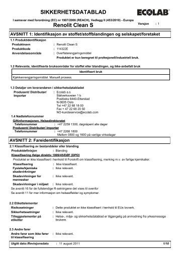 SIKKERHETSDATABLAD Renolit Clean S
