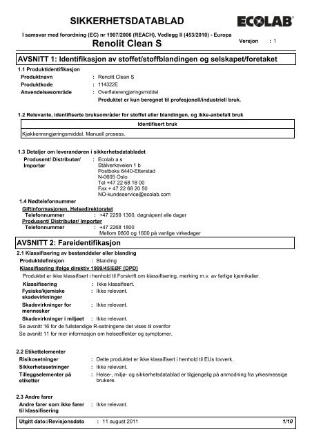 SIKKERHETSDATABLAD Renolit Clean S