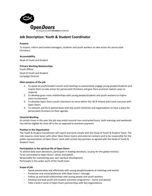 Job Description Youth Student Coordinator Open Doors