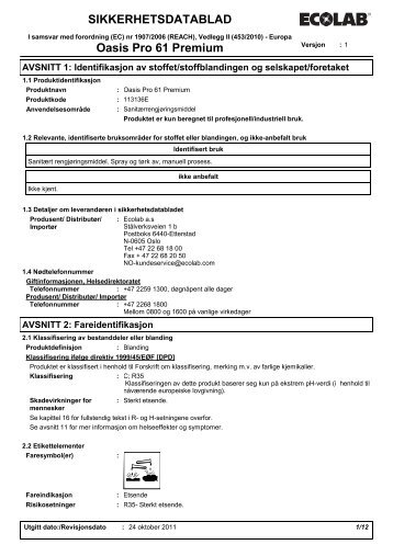 SIKKERHETSDATABLAD Oasis Pro 61 Premium
