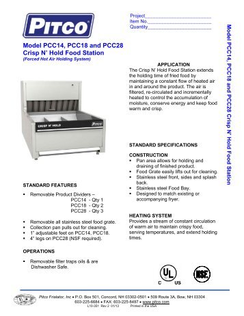 Model PCC14, PCC18 and PCC28 Crisp N' Hold Food Station - Pitco