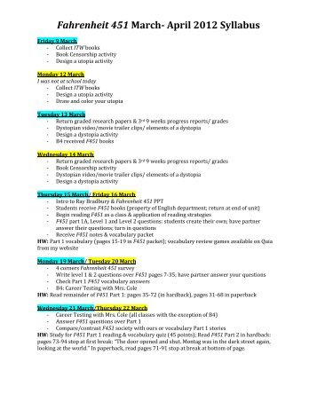 Fahrenheit 451 March- April 2012 Syllabus