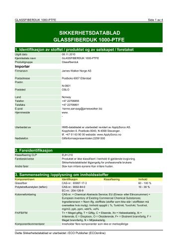 SIKKERHETSDATABLAD GLASSFIBERDUK 1000-PTFE