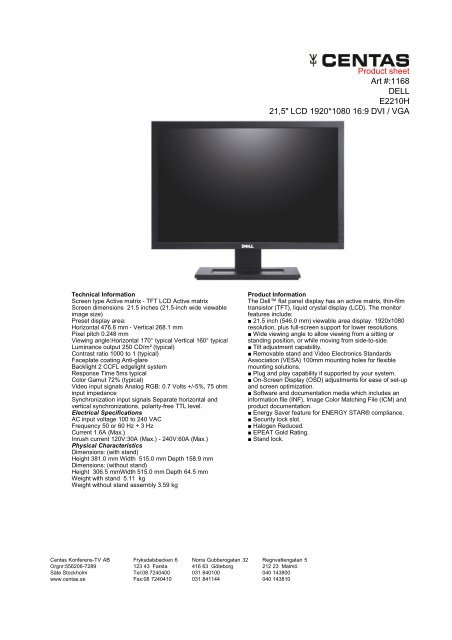 Product sheet Art #:1168 DELL E2210H 21 