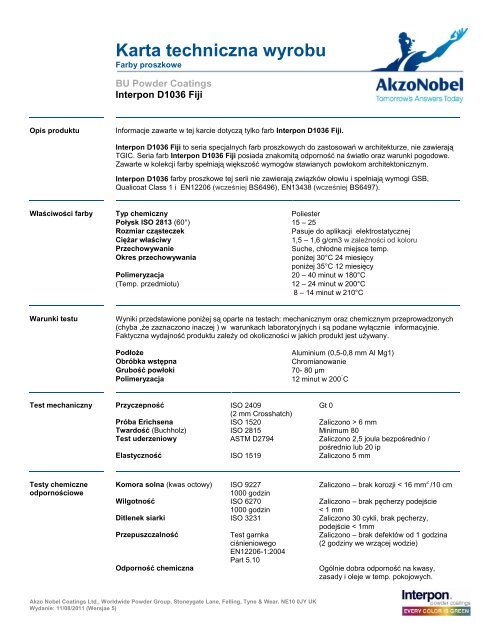 Karta techniczna wyrobu - Intro / Akzo Nobel Powder Coatings se ...