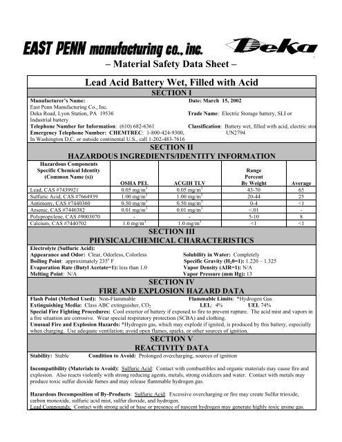 â€“ Material Safety Data Sheet â€“ Lead Acid Battery Wet, Filled with Acid