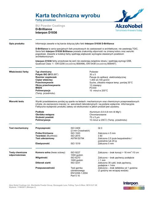 Karta techniczna wyrobu - Intro / Akzo Nobel Powder Coatings se ...