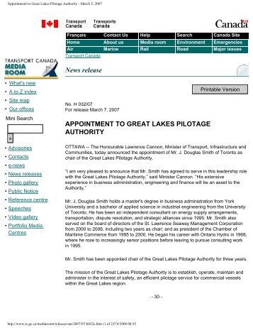 Appointment to Great Lakes Pilotage Authority - March 5, 2007