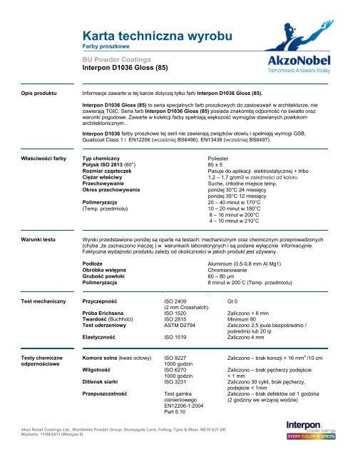 Karta techniczna wyrobu - Intro / Akzo Nobel Powder Coatings se ...