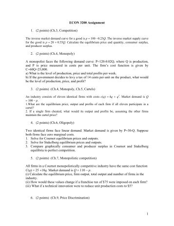 1 ECON 3200 Assignment 1. (2 points) (Ch.3, Competition) 2. (2 ...