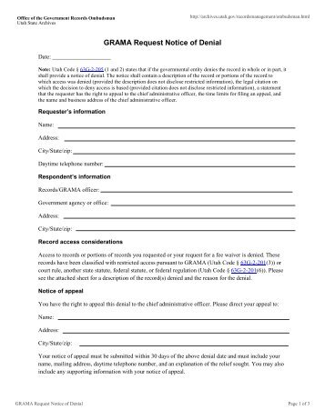 GRAMA Request Notice of Denial - Utah State Archives - Utah.gov
