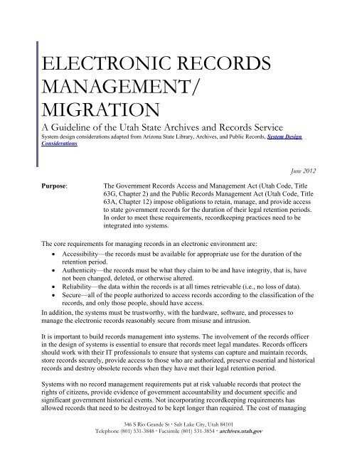 electronic records management/ migration - Utah State Archives