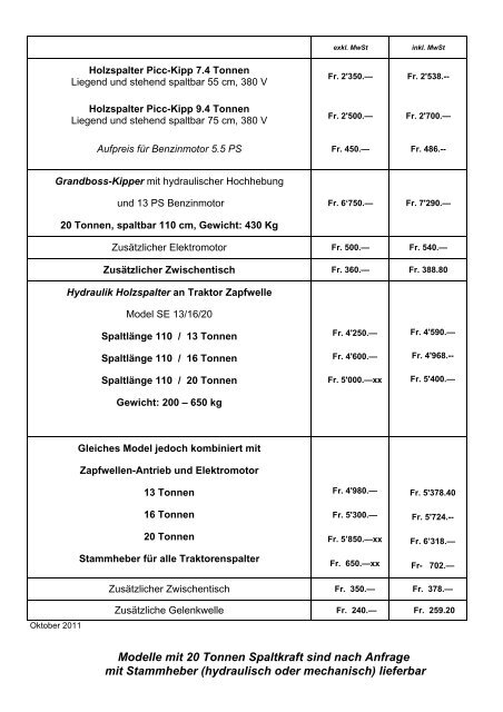 Preisliste für Holzspalter 2012/2013 - bartholet-co