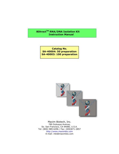 bdtracttm rna dna isolation kit instruction manual catalog no sa