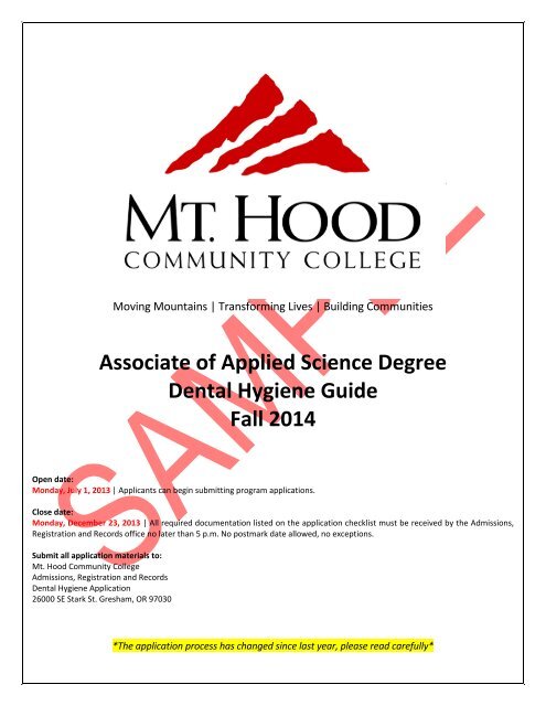 Associate of Applied Science Degree Dental Hygiene Guide Fall 2014