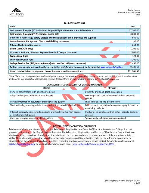 Associate of Applied Science Degree Dental Hygiene Guide Fall 2014