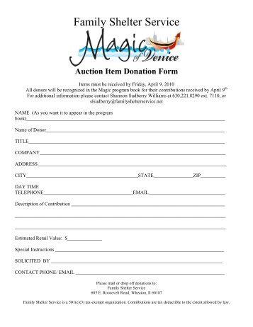 Auction Item Donation Form - Family Shelter Service