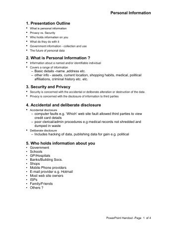 Personal Information 1. Presentation Outline 2. What is Personal ...