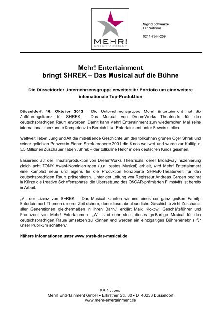 Mehr! Entertainment bringt SHREK – Das Musical auf die Bühne