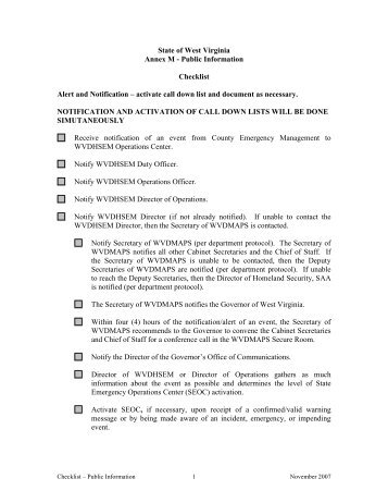 Annex M - Checklist - West Virginia Division of Homeland Security