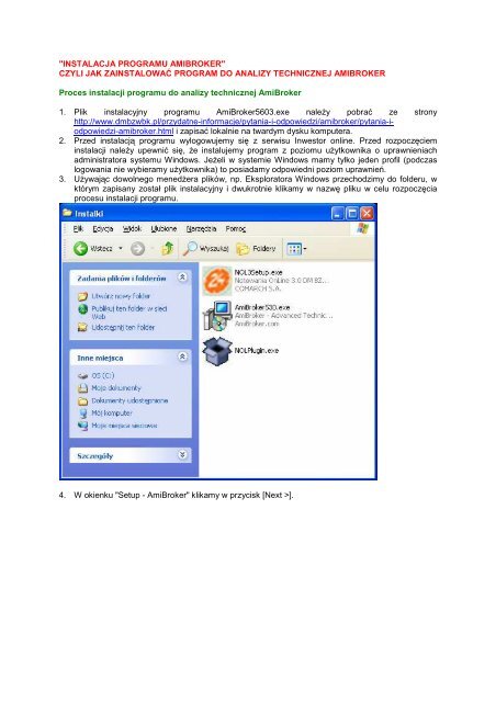 Instrukcja instalacji AmiBroker oraz pluginu do aplikacji NOL3