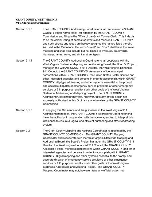 grant county west virginia 911 addressing and mapping ordinance