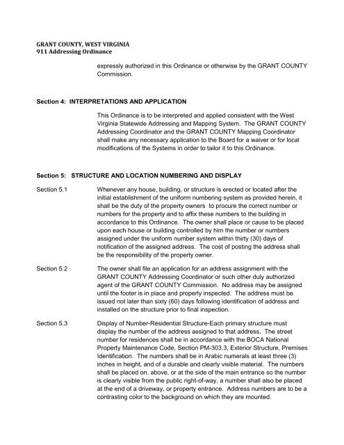 grant county west virginia 911 addressing and mapping ordinance