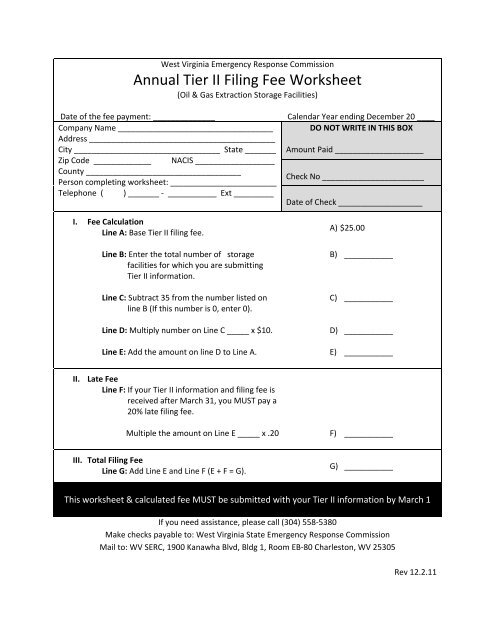 Annual Tier II Filing Fee Worksheet