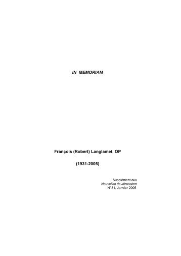 IN MEMORIAM FranÃ§ois (Robert) Langlamet, OP (1931-2005) - EBAF