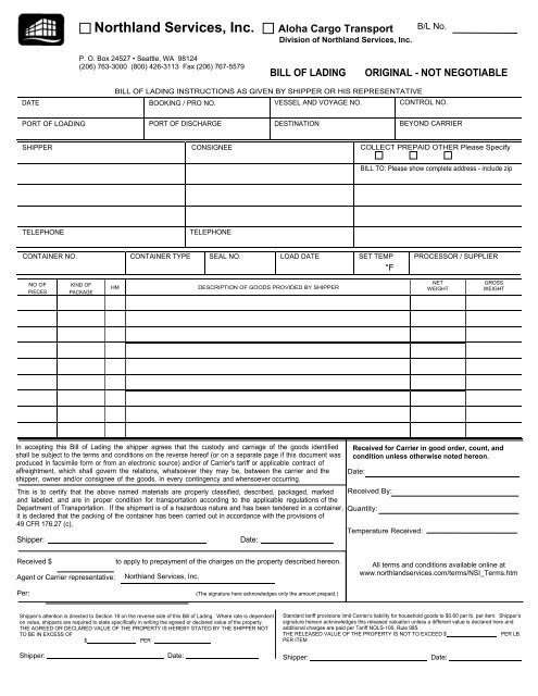 Bill of Lading - Northland Services