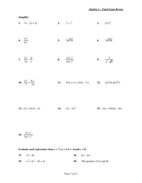 Algebra I Final Exam Review Page 1 Of 11 Simplify 1 7x A 2x