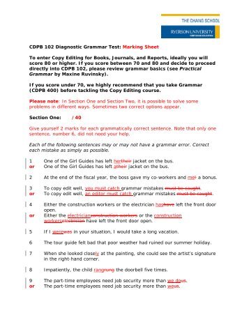 CDPB 102 Diagnostic Grammar Test: Marking Sheet To enter Copy ...