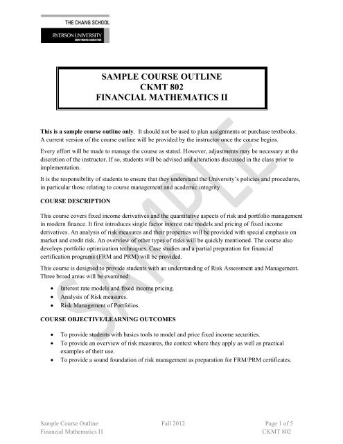 sample course outline ckmt 802 financial mathematics ii