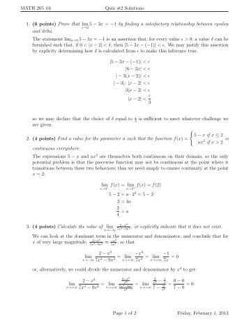 MATH 205â04 Quiz #2 Solutions 1. (6 points) Prove that lim 5 - 3x ...